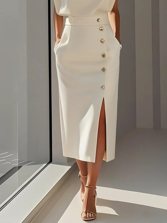 Malene™ | Vestido Midi Sólido com Fenda e Decote Redondo