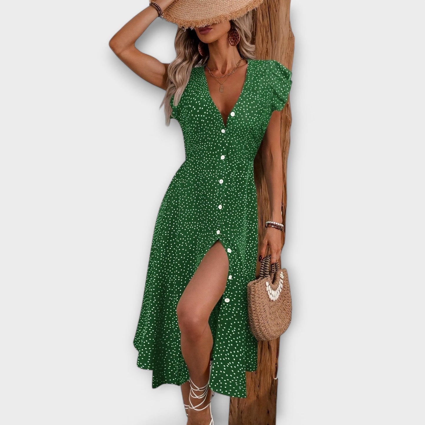 Vestido midi chique com bolinhas