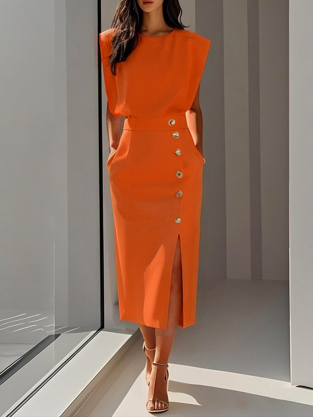 Malene™ | Vestido Midi Sólido com Fenda e Decote Redondo