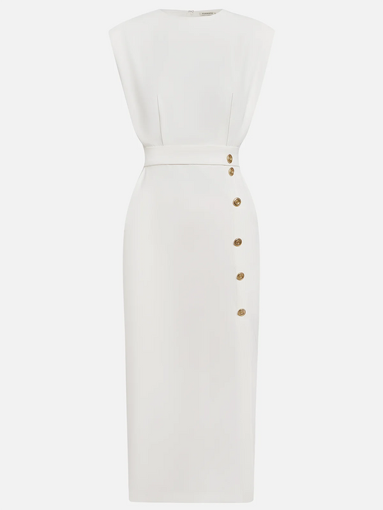 Malene™ | Vestido Midi Sólido com Fenda e Decote Redondo