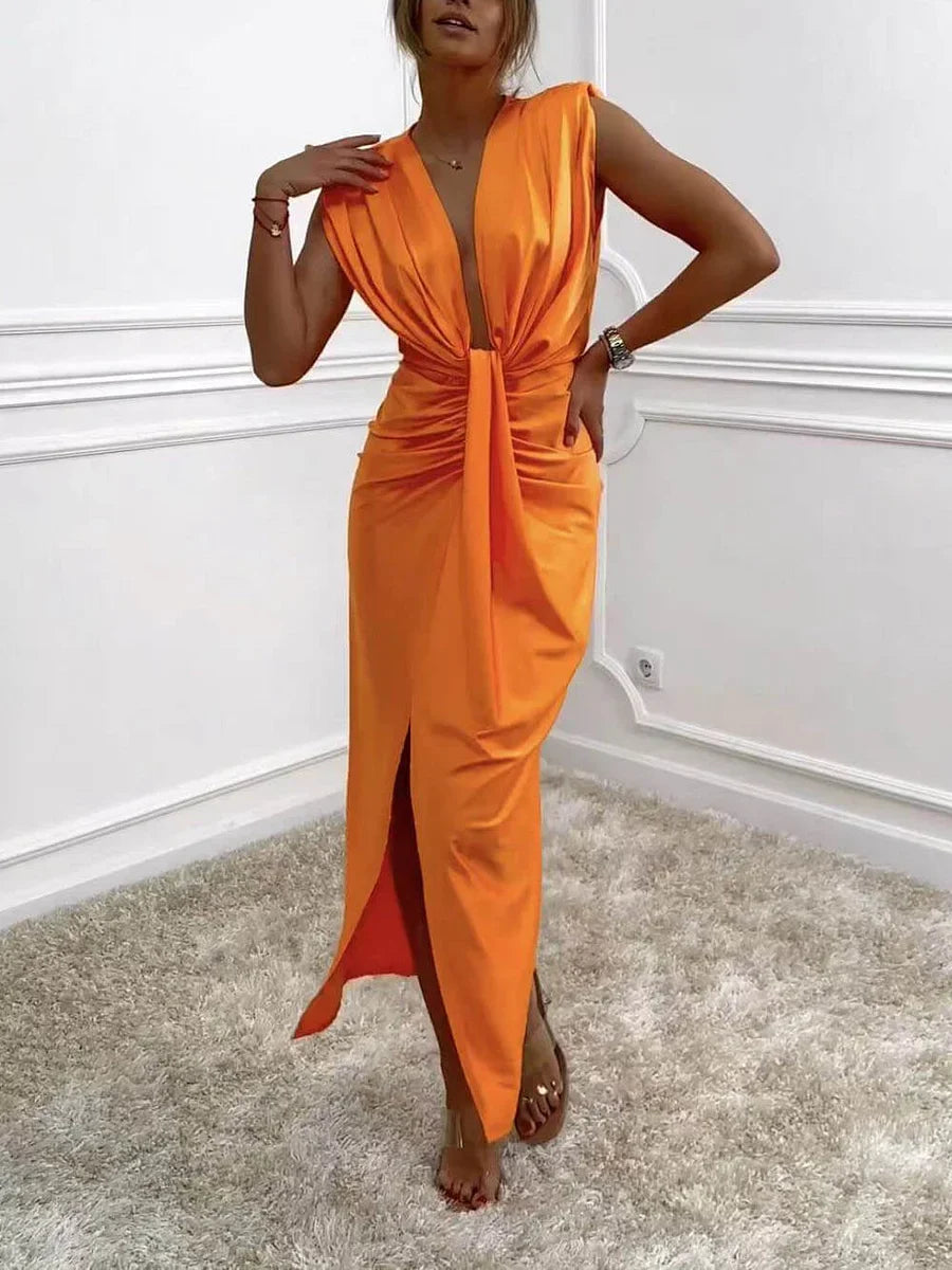 Jolira - Vestido Midi Clássico com Fenda Drapejada