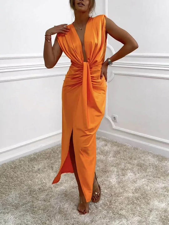 Jolira - Vestido Midi Clássico com Fenda Drapejada