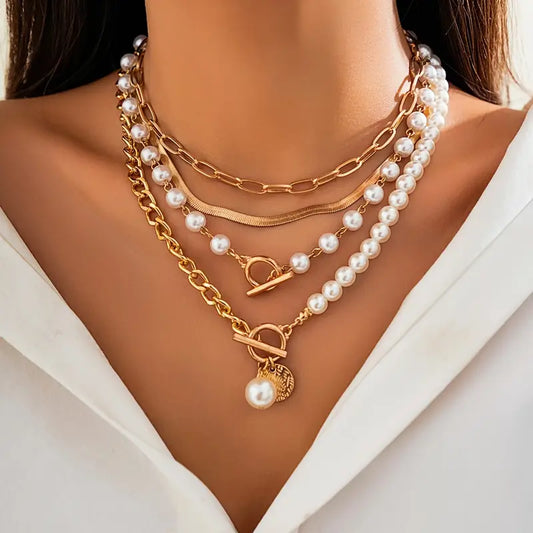 Conjunto de Colar de Corrente de Cobra com Pérola Vintage e Ouro