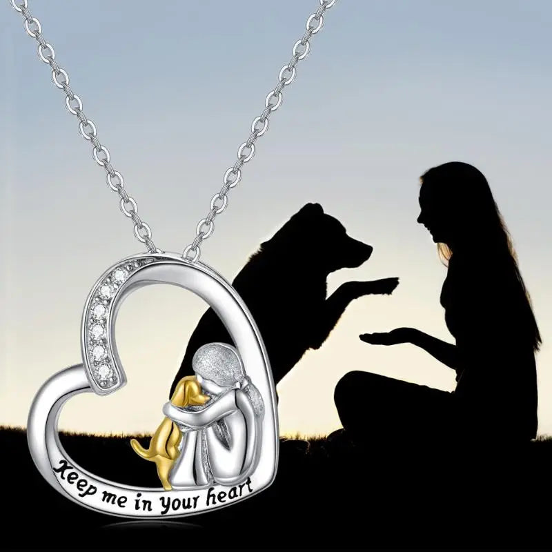 Colar Prata Coração e Design de Cão com Zircônia