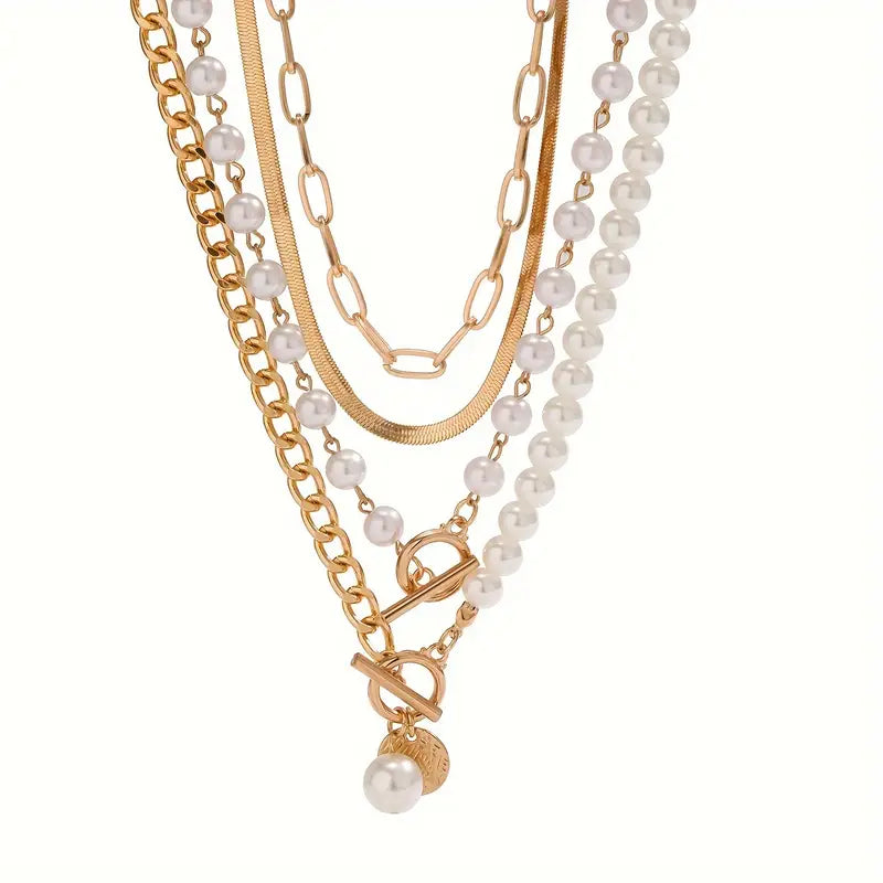 Conjunto de Colar de Corrente de Cobra com Pérola Vintage e Ouro