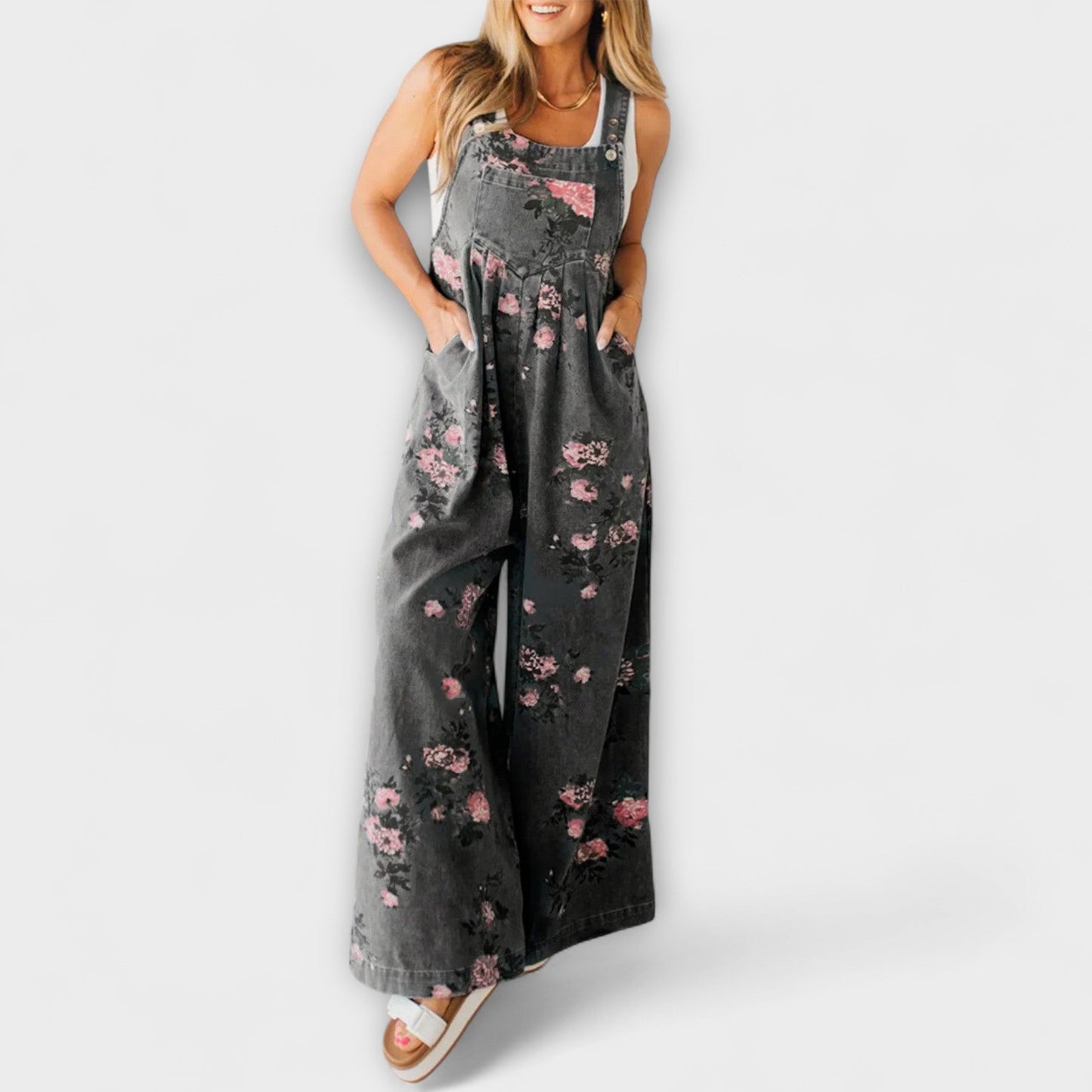 Bethany - Macacão Jeans Estampado Floral