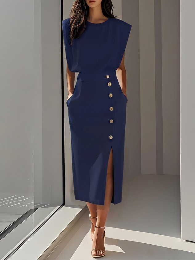 Malene™ | Vestido Midi Sólido com Fenda e Decote Redondo