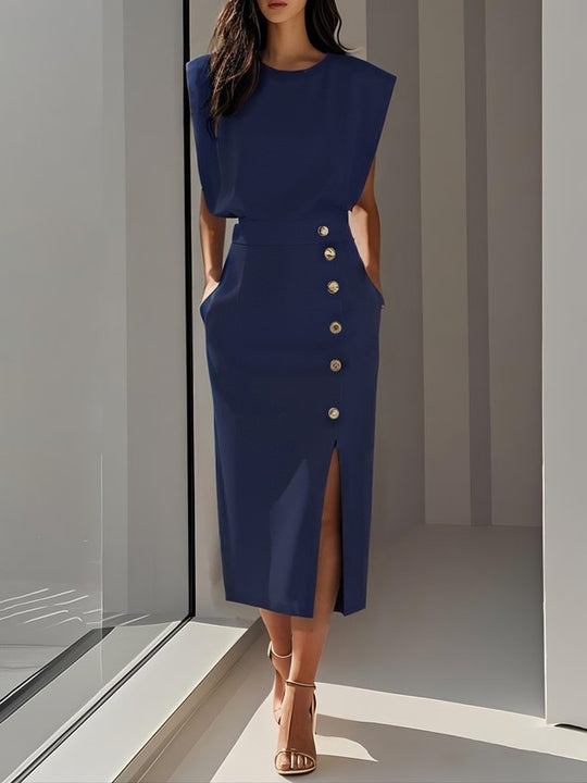 Malene™ | Vestido Midi Sólido com Fenda e Decote Redondo