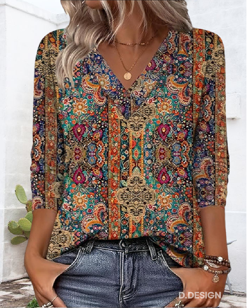 Blusa Retro Estampada Decote V