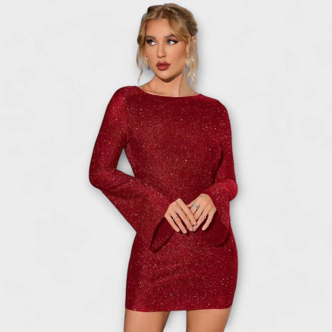 Vestido de paetês sem costas com mangas longas