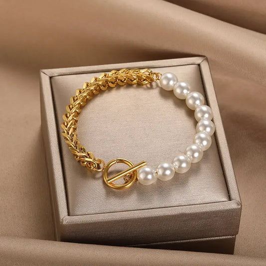 Pulseira Elegante de Ouro e Pérola