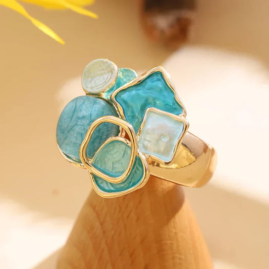 Anel Elegante de Esmalte Azul e Branco