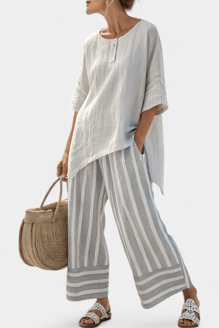 Talvora | Blusa Assimétrica Elegante & Calças Listradas