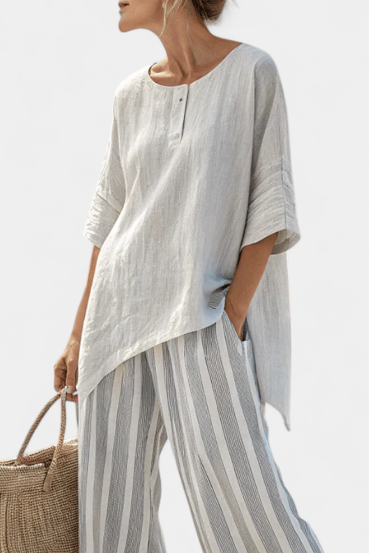 Talvora | Blusa Assimétrica Elegante & Calças Listradas