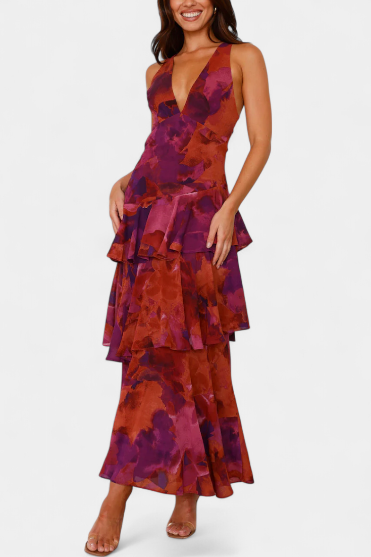 Vestido Domenica de Gasa com Decote em V e Camadas Fluidas