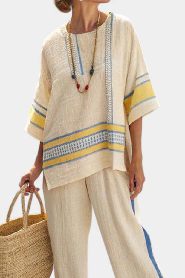 Jaxmere | Conjunto Mediterrâneo Confortável Azul-Amarelo e Calças de Linho