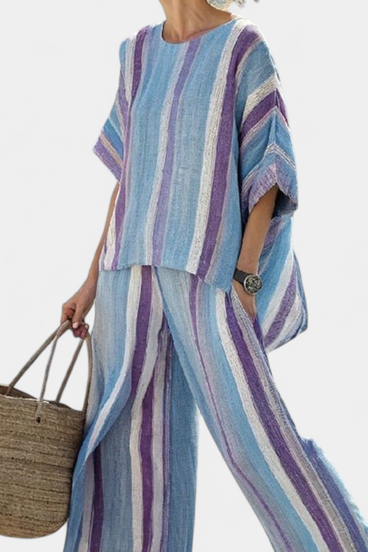 Faelith | Top Pastel Elegante em Malva & Calças de Linho Listradas