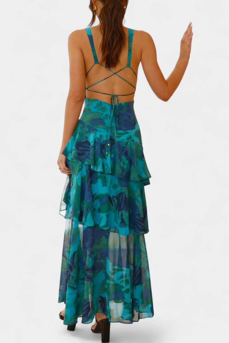 Vestido Domenica de Gasa com Decote em V e Camadas Fluidas