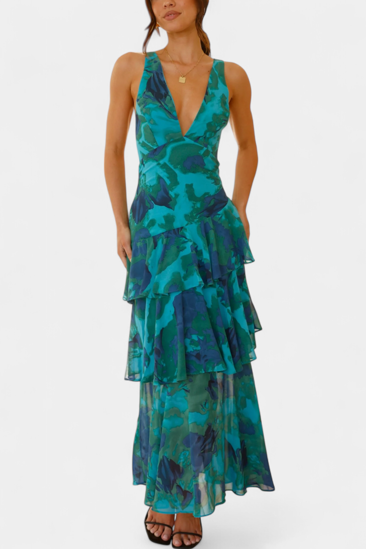 Vestido Domenica de Gasa com Decote em V e Camadas Fluidas