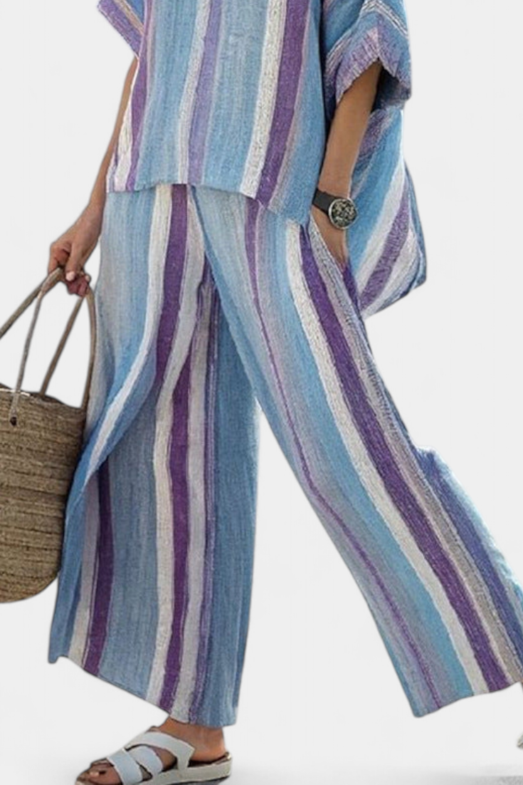 Faelith | Top Pastel Elegante em Malva & Calças de Linho Listradas
