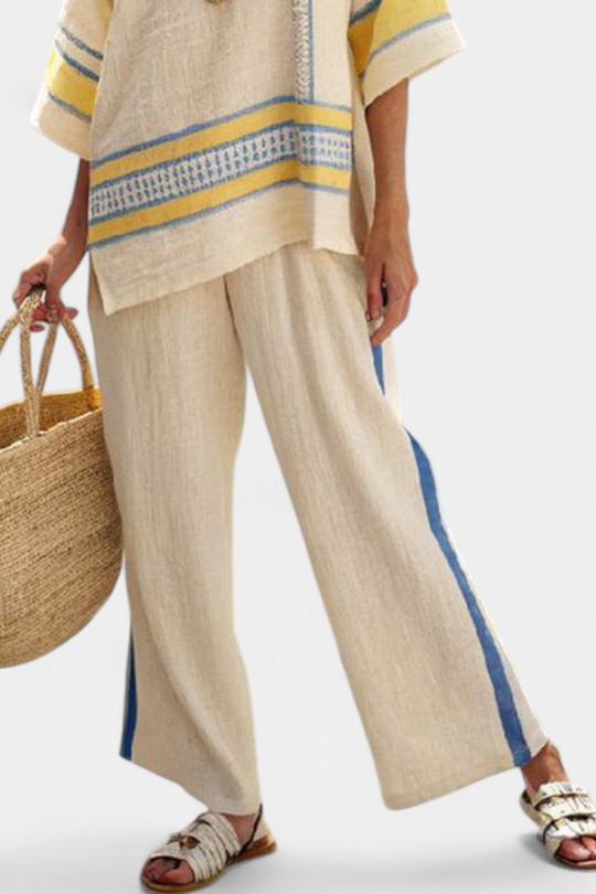 Jaxmere | Conjunto Mediterrâneo Confortável Azul-Amarelo e Calças de Linho