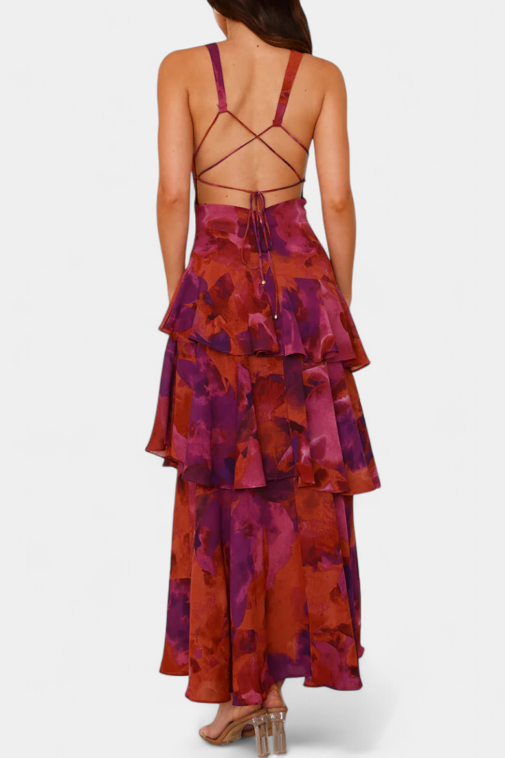 Vestido Domenica de Gasa com Decote em V e Camadas Fluidas