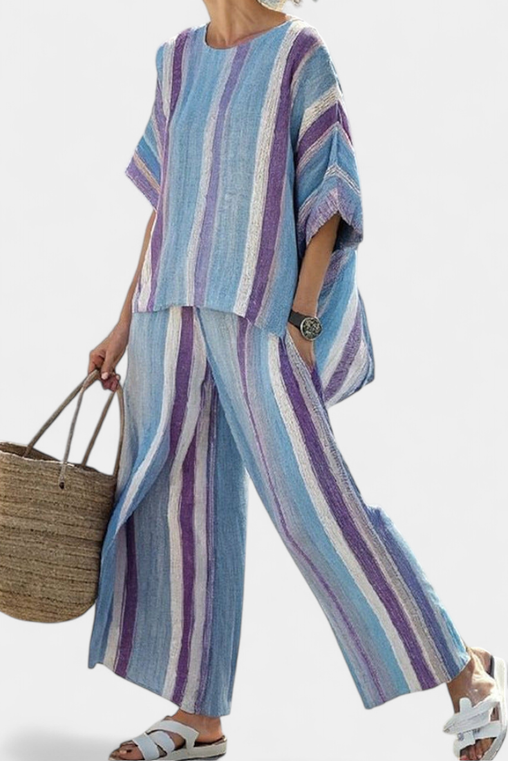 Faelith | Top Pastel Elegante em Malva & Calças de Linho Listradas