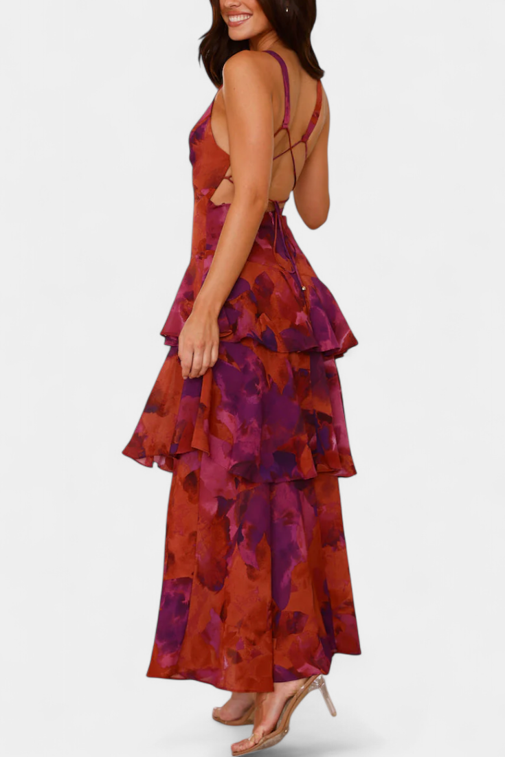 Vestido Domenica de Gasa com Decote em V e Camadas Fluidas