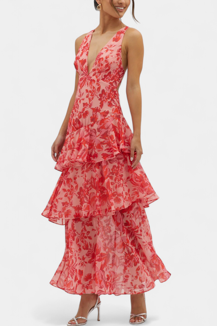 Vestido Domenica de Gasa com Decote em V e Camadas Fluidas