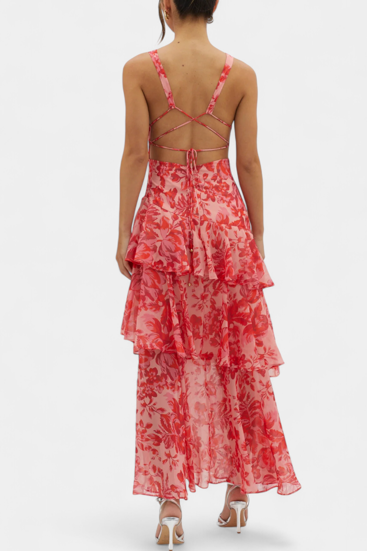 Vestido Domenica de Gasa com Decote em V e Camadas Fluidas