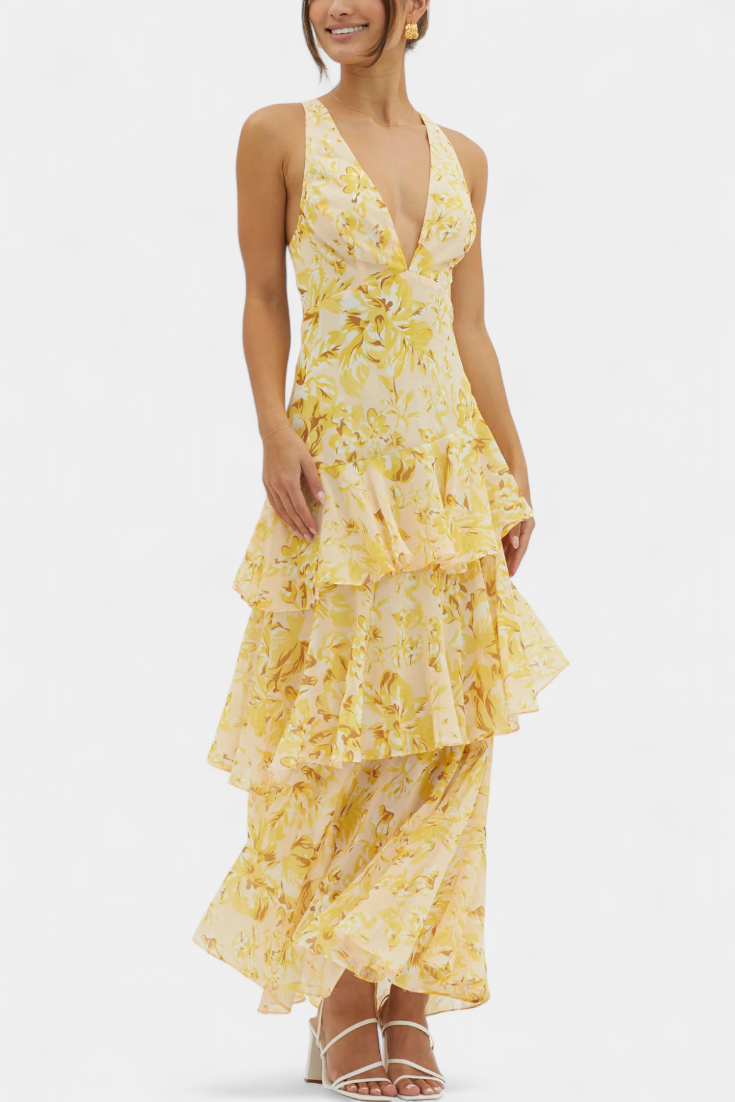 Vestido Domenica de Gasa com Decote em V e Camadas Fluidas