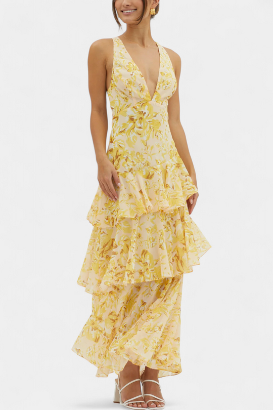 Vestido Domenica de Gasa com Decote em V e Camadas Fluidas