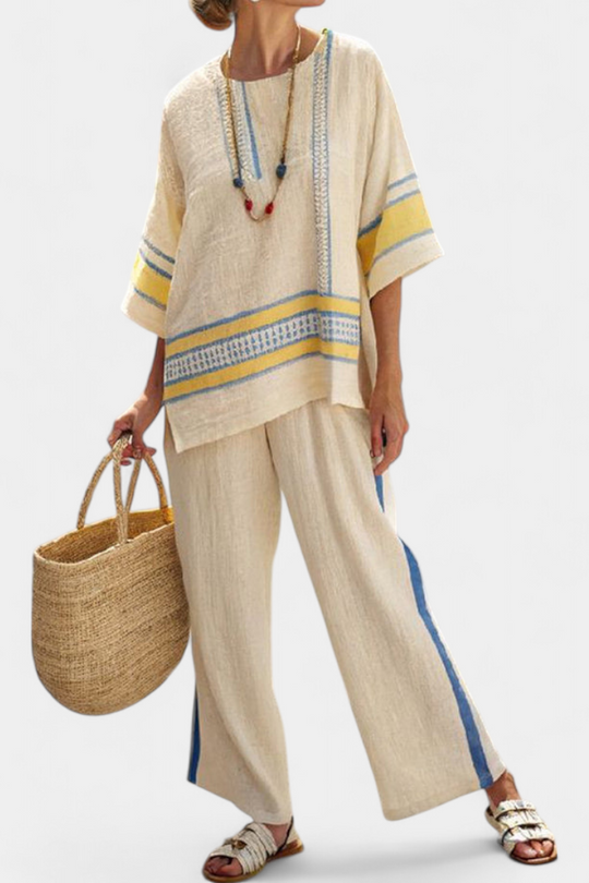 Jaxmere | Conjunto Mediterrâneo Confortável Azul-Amarelo e Calças de Linho