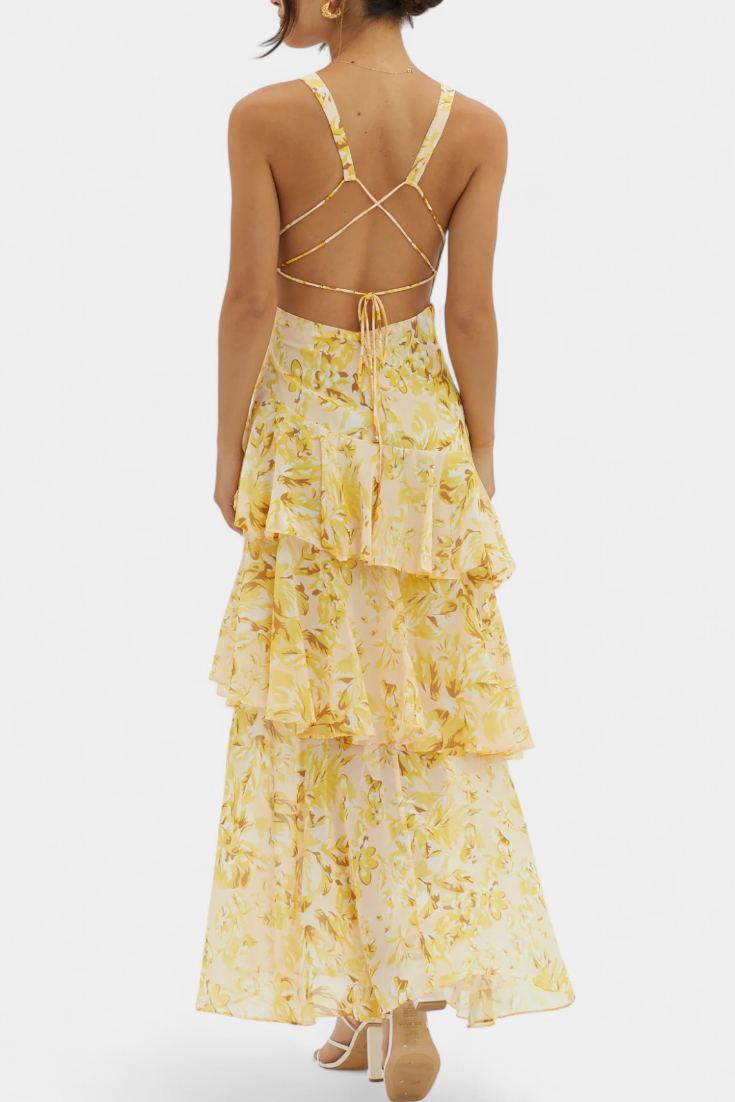 Vestido Domenica de Gasa com Decote em V e Camadas Fluidas