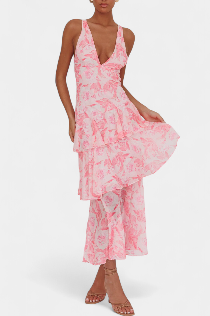 Vestido Domenica de Gasa com Decote em V e Camadas Fluidas