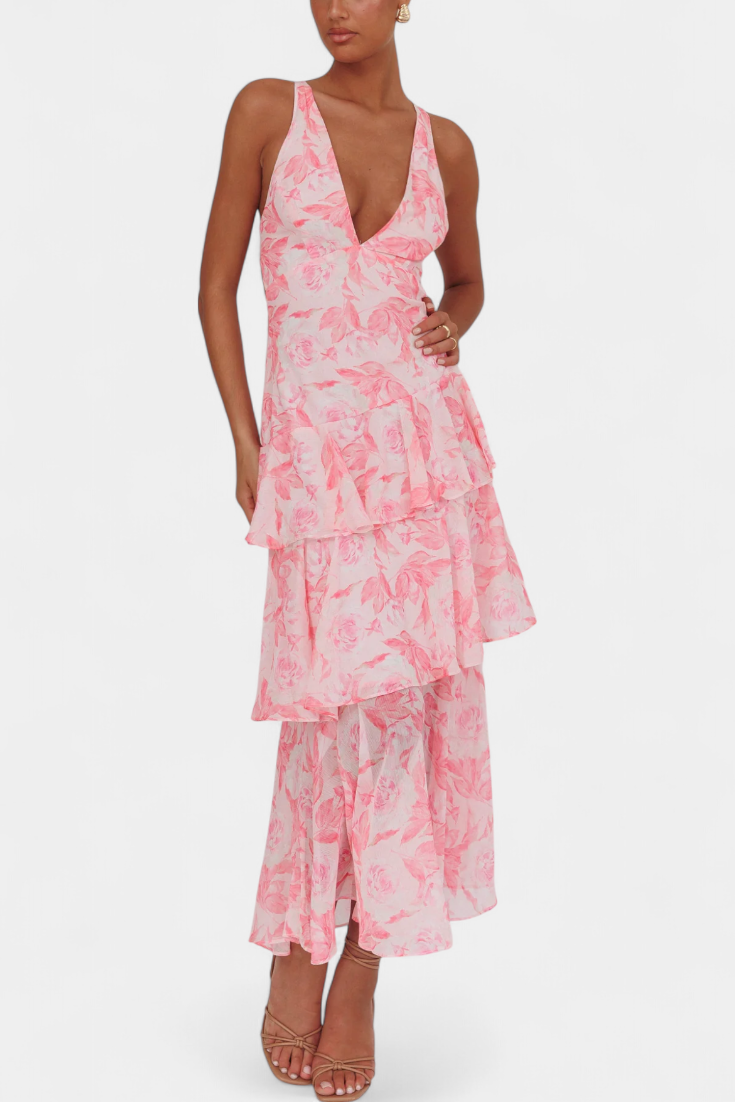 Vestido Domenica de Gasa com Decote em V e Camadas Fluidas