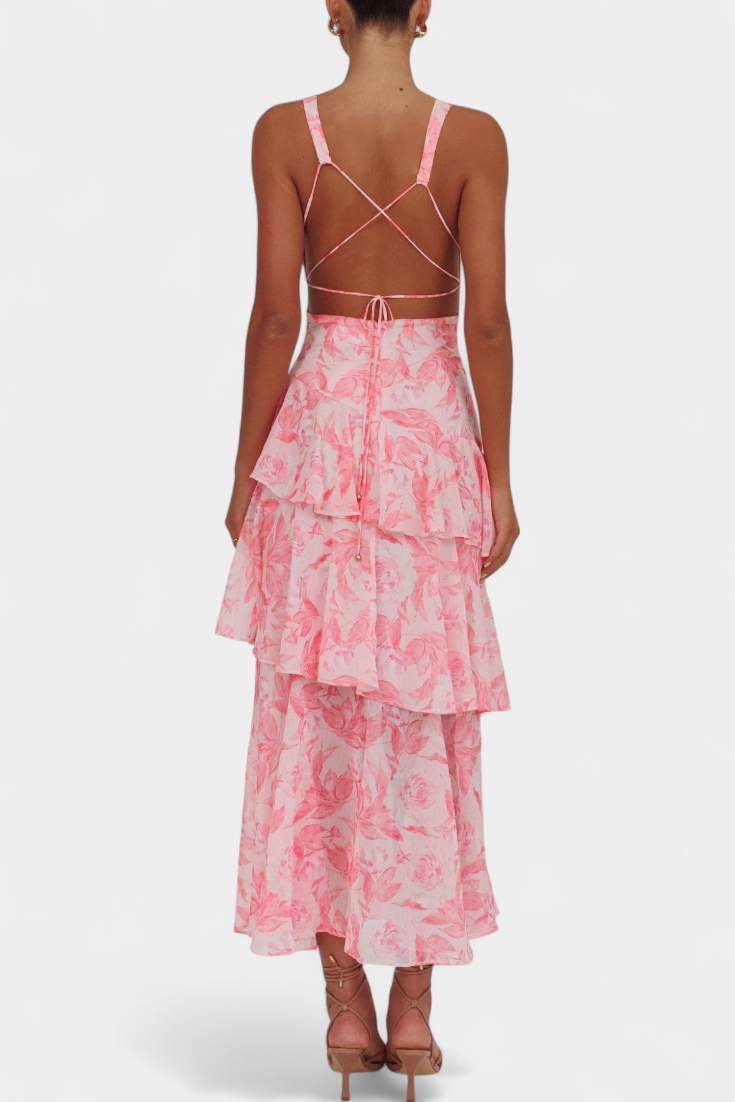 Vestido Domenica de Gasa com Decote em V e Camadas Fluidas
