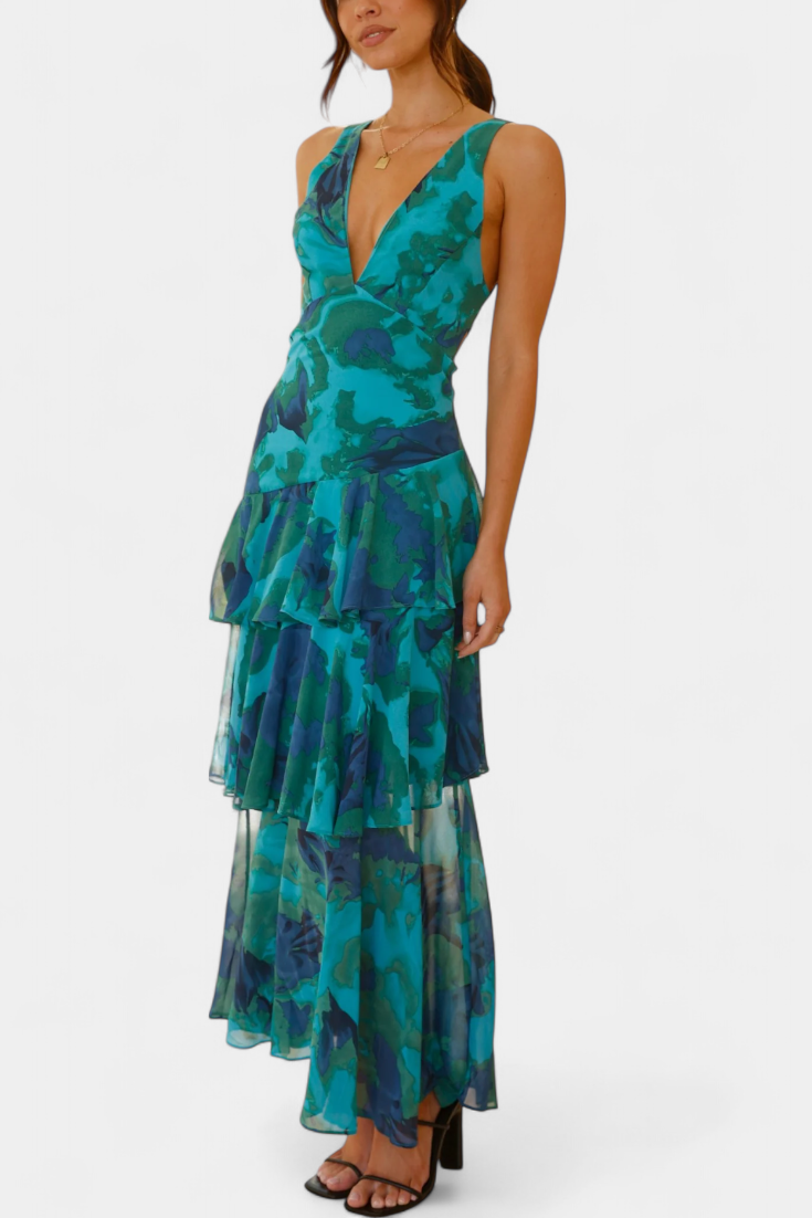 Vestido Domenica de Gasa com Decote em V e Camadas Fluidas