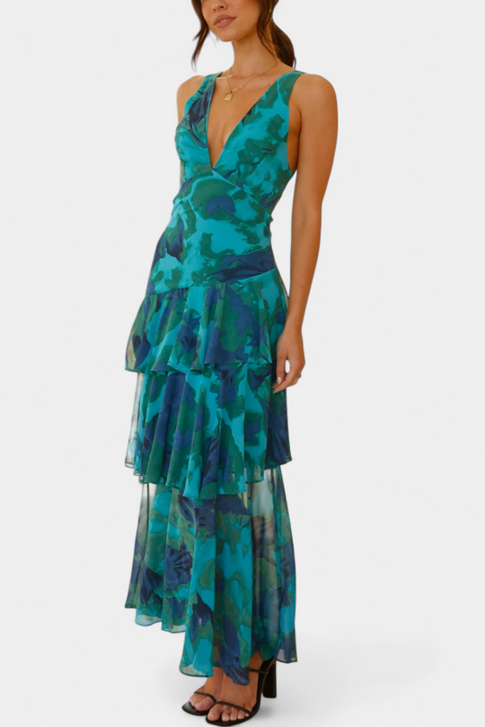 Vestido Domenica de Gasa com Decote em V e Camadas Fluidas