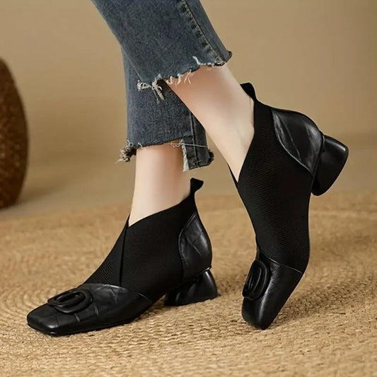 Mylaa - Sapatos de Salto Baixo com Bico Quadrado Retrô