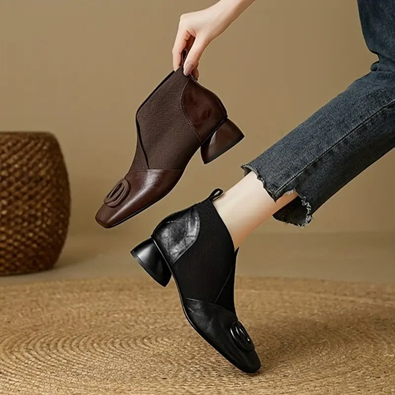 Mylaa - Sapatos de Salto Baixo com Bico Quadrado Retrô