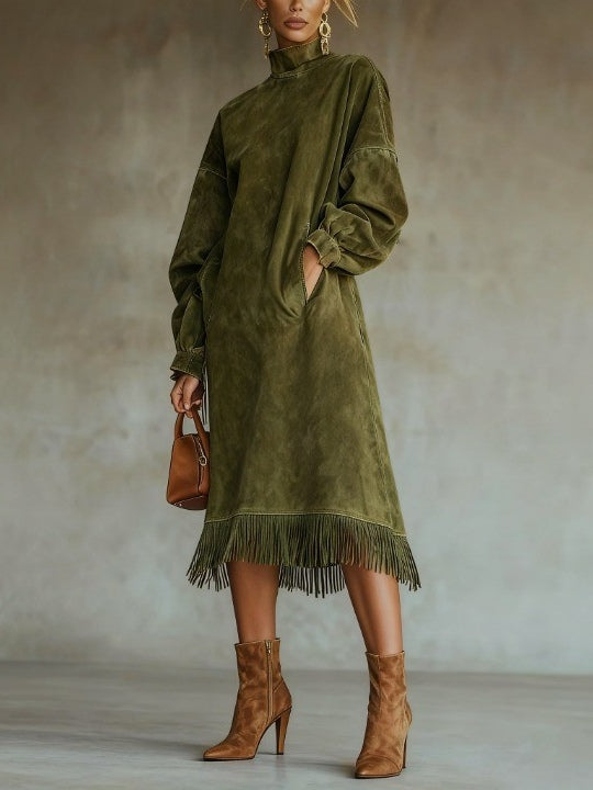Vestido de Gola Alta em Suede