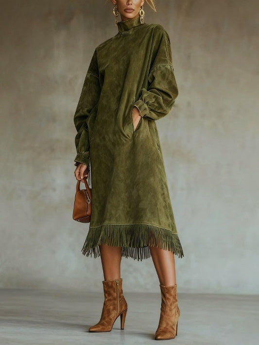 Vestido de Gola Alta em Suede