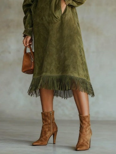 Vestido de Gola Alta em Suede