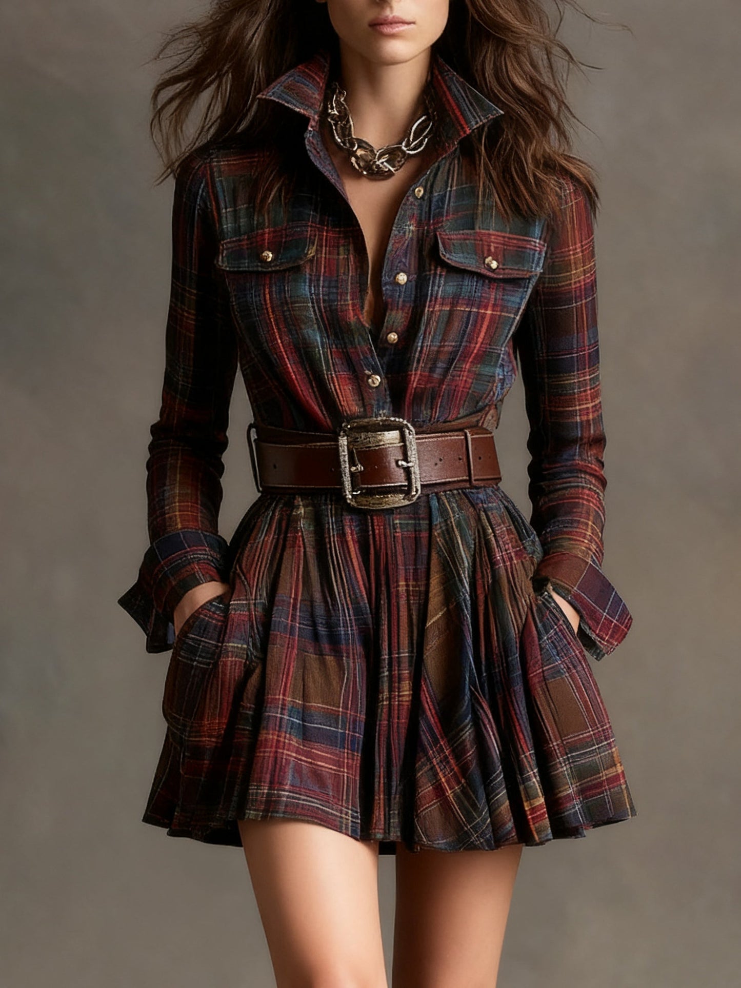 Vestido Mini Vintagem Xadrez Vermelho e Marrom (Inclui cinto)