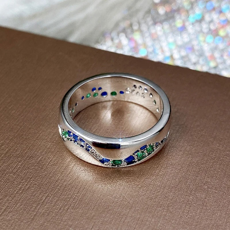 Anel Vintage de Prata com Pedra Azul e Verde em Forma de Onda