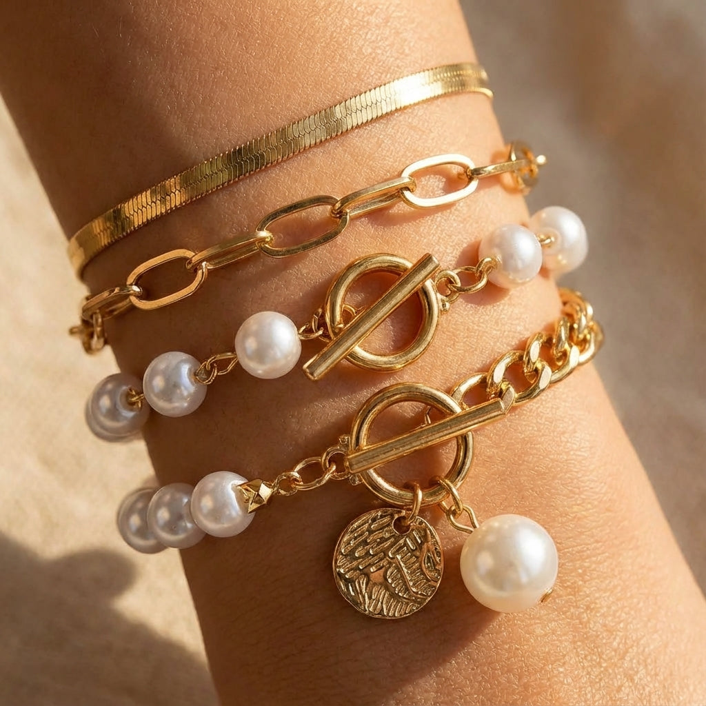 Conjunto de Pulseiras Elegantes de Ouro com 4 Peças