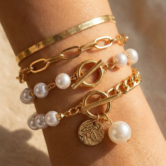 Conjunto de Pulseiras Elegantes de Ouro com 4 Peças