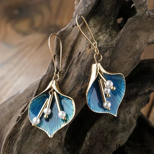 Brincos de Gota em Ouro e Azul com Pérolas