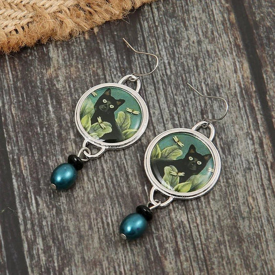 Brincos Pendentes de Gato Preto Vintage
